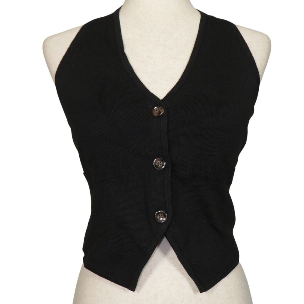 Halara Vest Black Sweater Knit Button Up Halter Neck Top Size XL 16